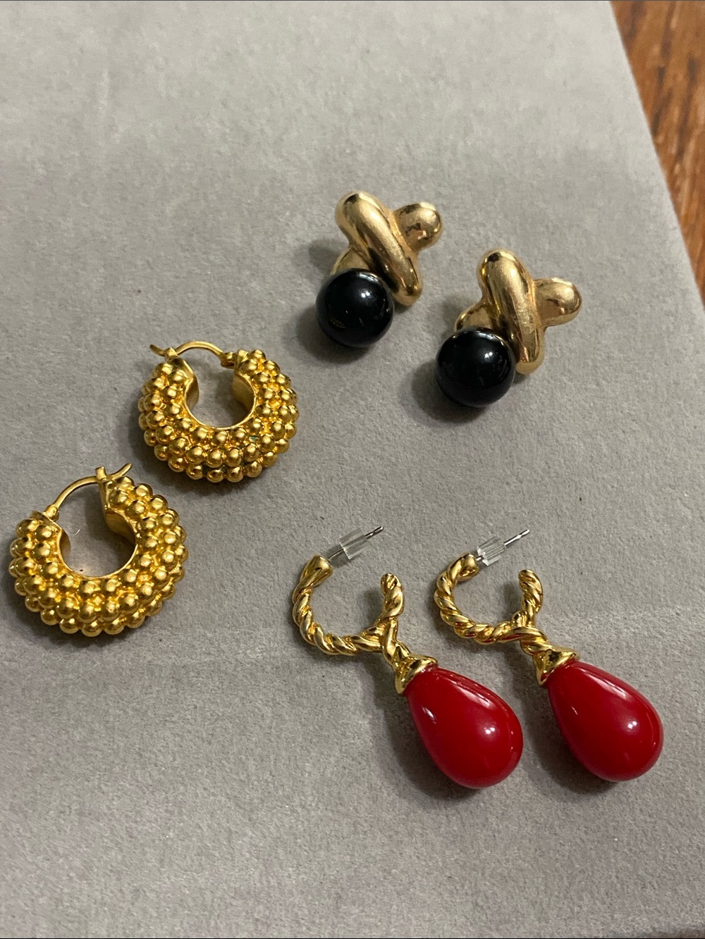 VTG Gold-Plated Red Teardrop, Hoop Earrings and X Earrings Set